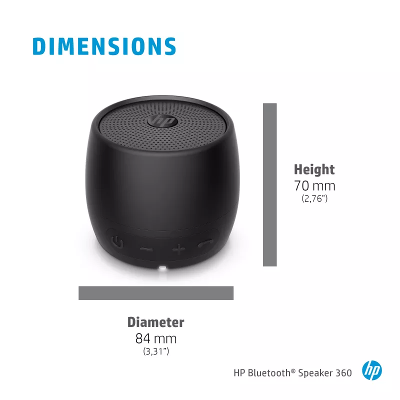 Altavoz Bluetooth HP negro 360, con cable e inalámbrico, altavoz portátil mono, negro, cilíndrico, botones, universal