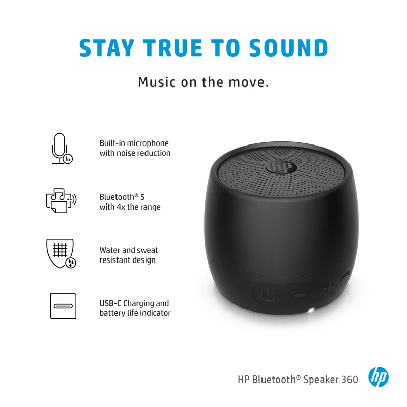Altavoz Bluetooth HP negro 360, con cable e inalámbrico, altavoz portátil mono, negro, cilíndrico, botones, universal