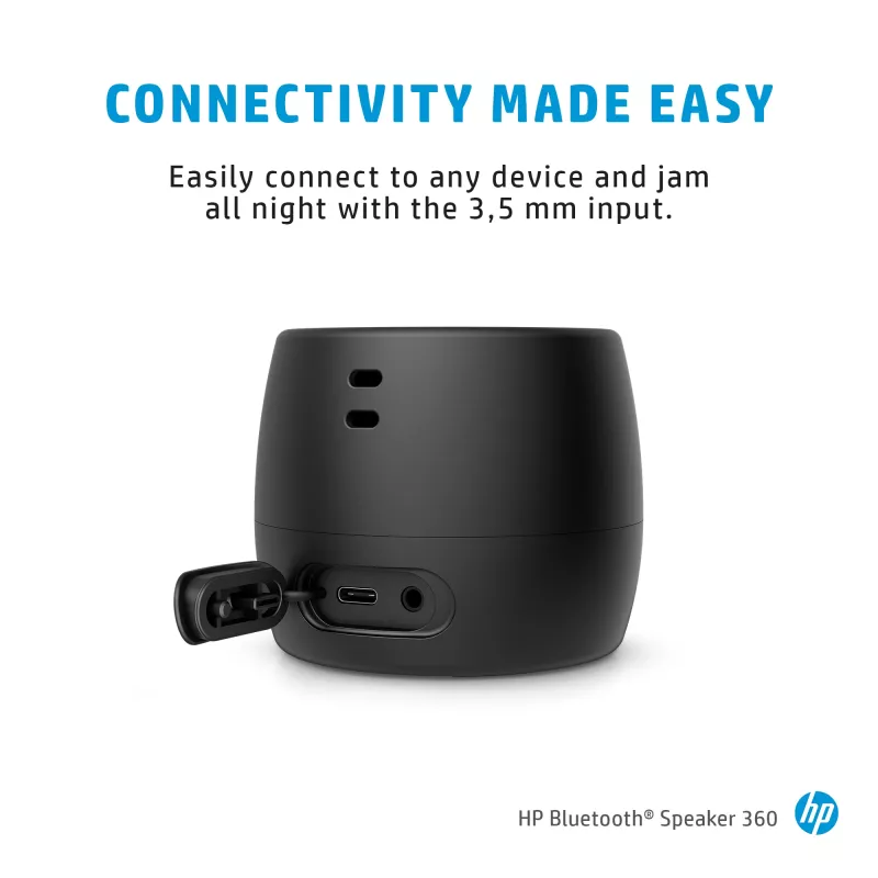 Altavoz Bluetooth HP negro 360, con cable e inalámbrico, altavoz portátil mono, negro, cilíndrico, botones, universal