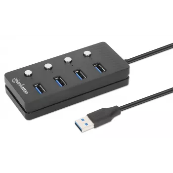 Dock/hub USB-C Manhattan, puertos (x4) con interruptor de encendido/apagado para cada puerto: USB-A (x4), 5 Gbps (USB 3.2 Gen1 también conocido como USB 3.0), universal para todos los dispositivos, alimentación por bus o CA (conexión opcional, no incluida), cable 1,5 m, SuperSpeed USB, negro, tres años de garantía