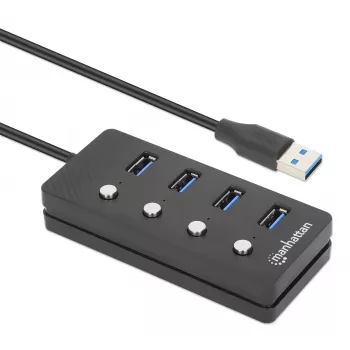 Dock/hub USB-C Manhattan, puertos (x4) con interruptor de encendido/apagado para cada puerto: USB-A (x4), 5 Gbps (USB 3.2 Gen1 también conocido como USB 3.0), universal para todos los dispositivos, alimentación por bus o CA (conexión opcional, no incluida), cable 1,5 m, SuperSpeed USB, negro, tres años de garantía