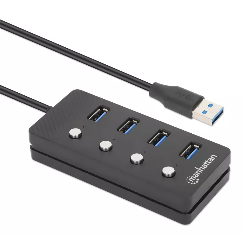 Dock/hub USB-C Manhattan, puertos (x4) con interruptor de encendido/apagado para cada puerto: USB-A (x4), 5 Gbps (USB 3.2 Gen1 también conocido como USB 3.0), universal para todos los dispositivos, alimentación por bus o CA (conexión opcional, no incluida), cable 1,5 m, SuperSpeed USB, negro, tres años de garantía