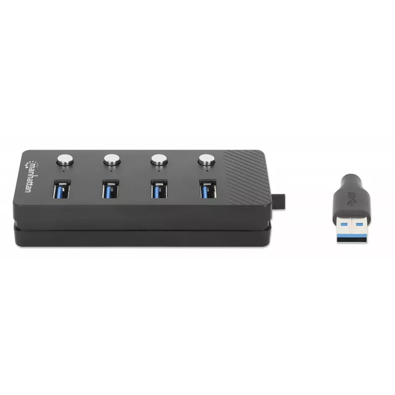 Dock/hub USB-C Manhattan, puertos (x4) con interruptor de encendido/apagado para cada puerto: USB-A (x4), 5 Gbps (USB 3.2 Gen1 también conocido como USB 3.0), universal para todos los dispositivos, alimentación por bus o CA (conexión opcional, no incluida), cable 1,5 m, SuperSpeed USB, negro, tres años de garantía