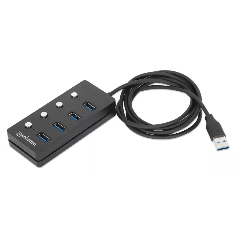 Dock/hub USB-C Manhattan, puertos (x4) con interruptor de encendido/apagado para cada puerto: USB-A (x4), 5 Gbps (USB 3.2 Gen1 también conocido como USB 3.0), universal para todos los dispositivos, alimentación por bus o CA (conexión opcional, no incluida), cable 1,5 m, SuperSpeed USB, negro, tres años de garantía
