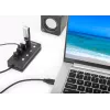 Dock/hub USB-C Manhattan, puertos (x4) con interruptor de encendido/apagado para cada puerto: USB-A (x4), 5 Gbps (USB 3.2 Gen1 también conocido como USB 3.0), universal para todos los dispositivos, alimentación por bus o CA (conexión opcional, no incluida), cable 1,5 m, SuperSpeed USB, negro, tres años de garantía