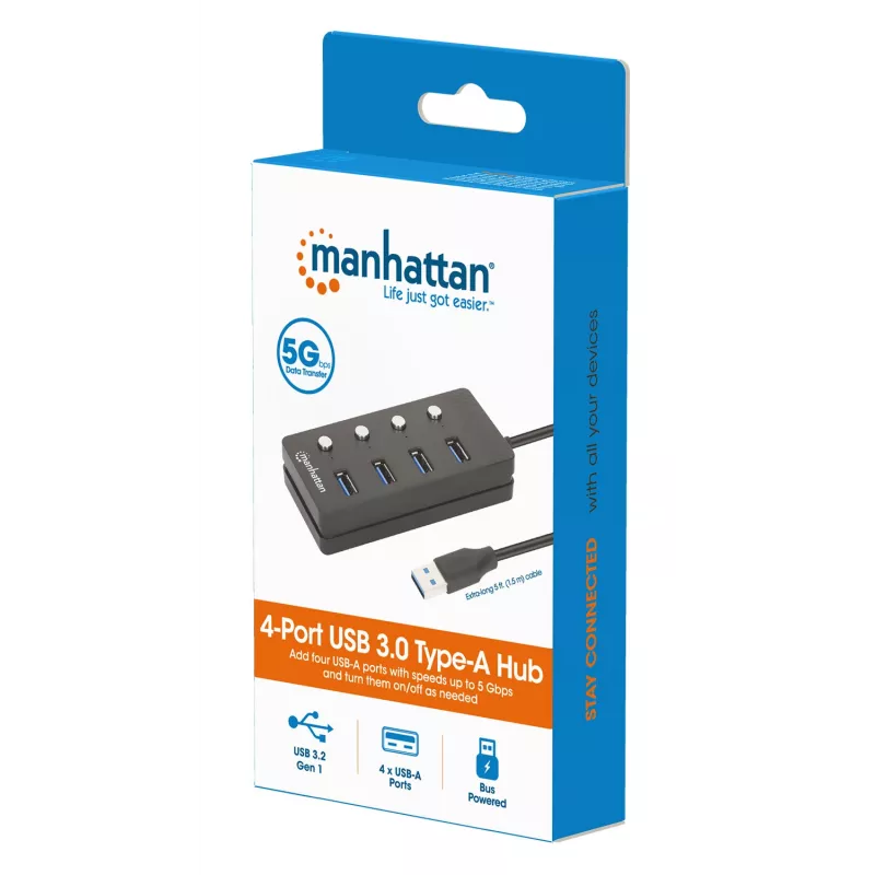 Dock/hub USB-C Manhattan, puertos (x4) con interruptor de encendido/apagado para cada puerto: USB-A (x4), 5 Gbps (USB 3.2 Gen1 también conocido como USB 3.0), universal para todos los dispositivos, alimentación por bus o CA (conexión opcional, no incluida), cable 1,5 m, SuperSpeed USB, negro, tres años de garantía