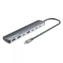 Manhattan dock/hub USB-C, puertos (x7): USB-A (x3) y USB-C (x4), con Power Delivery (PD) 100 W – requiere cargador USB-C externo (no incluido). Alimentado por USB (no requiere fuente de alimentación externa) cuando no se usa PD, aluminio