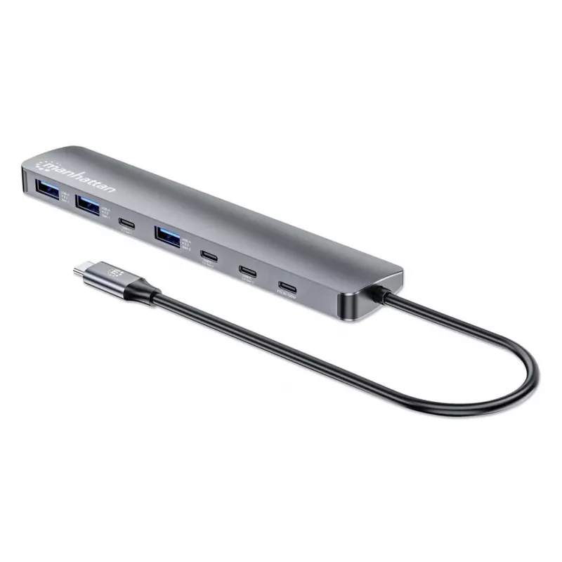 Manhattan dock/hub USB-C, puertos (x7): USB-A (x3) y USB-C (x4), con Power Delivery (PD) 100 W – requiere cargador USB-C externo (no incluido). Alimentado por USB (no requiere fuente de alimentación externa) cuando no se usa PD, aluminio
