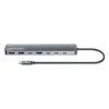 Manhattan dock/hub USB-C, puertos (x7): USB-A (x3) y USB-C (x4), con Power Delivery (PD) 100 W – requiere cargador USB-C externo (no incluido). Alimentado por USB (no requiere fuente de alimentación externa) cuando no se usa PD, aluminio