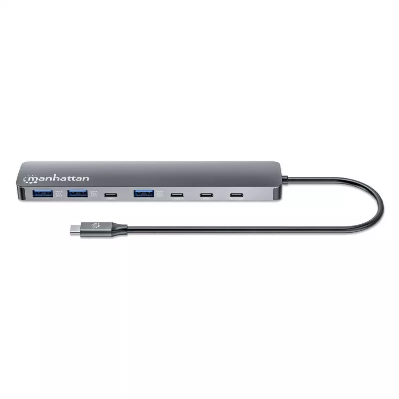 Manhattan dock/hub USB-C, puertos (x7): USB-A (x3) y USB-C (x4), con Power Delivery (PD) 100 W – requiere cargador USB-C externo (no incluido). Alimentado por USB (no requiere fuente de alimentación externa) cuando no se usa PD, aluminio