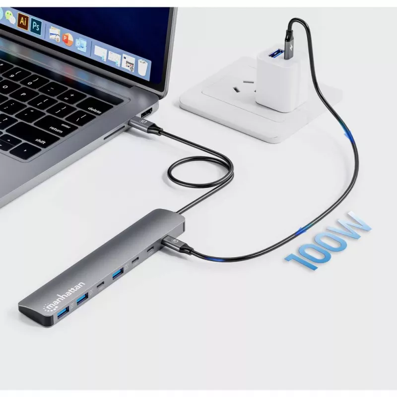 Manhattan dock/hub USB-C, puertos (x7): USB-A (x3) y USB-C (x4), con Power Delivery (PD) 100 W – requiere cargador USB-C externo (no incluido). Alimentado por USB (no requiere fuente de alimentación externa) cuando no se usa PD, aluminio