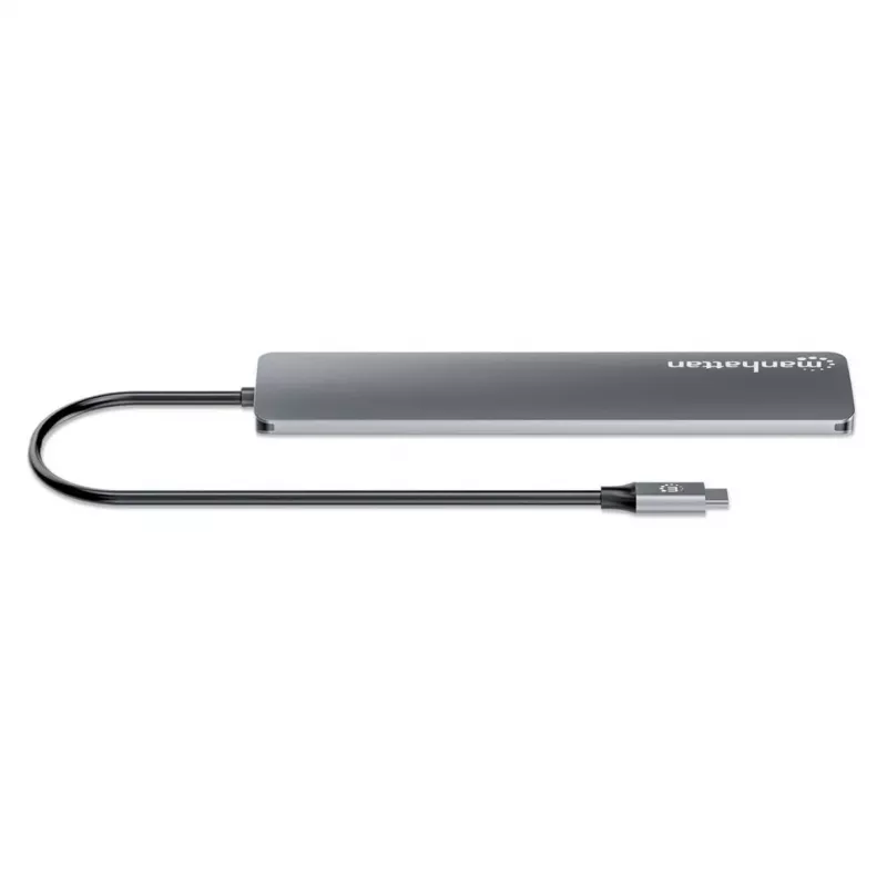 Manhattan dock/hub USB-C, puertos (x7): USB-A (x3) y USB-C (x4), con Power Delivery (PD) 100 W – requiere cargador USB-C externo (no incluido). Alimentado por USB (no requiere fuente de alimentación externa) cuando no se usa PD, aluminio