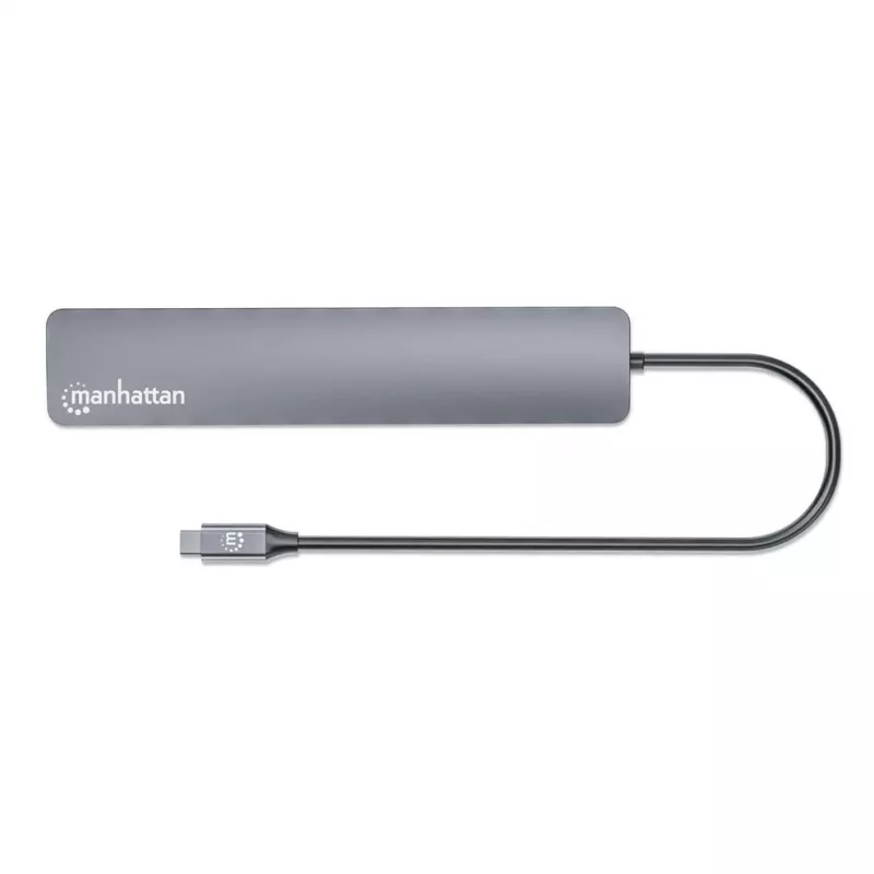 Manhattan dock/hub USB-C, puertos (x7): USB-A (x3) y USB-C (x4), con Power Delivery (PD) 100 W – requiere cargador USB-C externo (no incluido). Alimentado por USB (no requiere fuente de alimentación externa) cuando no se usa PD, aluminio