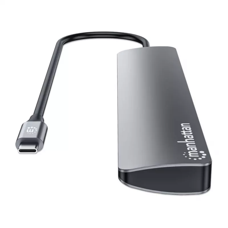 Manhattan dock/hub USB-C, puertos (x7): USB-A (x3) y USB-C (x4), con Power Delivery (PD) 100 W – requiere cargador USB-C externo (no incluido). Alimentado por USB (no requiere fuente de alimentación externa) cuando no se usa PD, aluminio