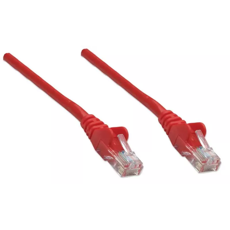 Cable de red Intellinet, Cat5e, 1m, Rojo, CCA, U/UTP, PVC, RJ45, contactos dorados, sin lengüeta, funda antiacodamiento, garantía de por vida