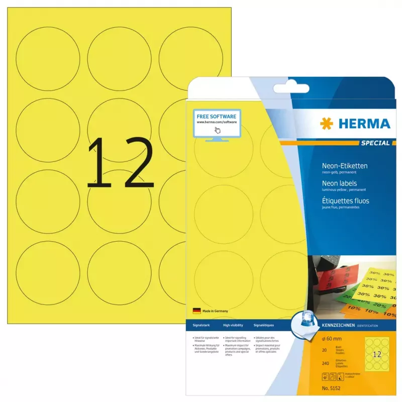 Etiquetas autoadhesivas HERMA Neon A4 Ø 60 mm redondas amarillo fluorescente 240 unidades