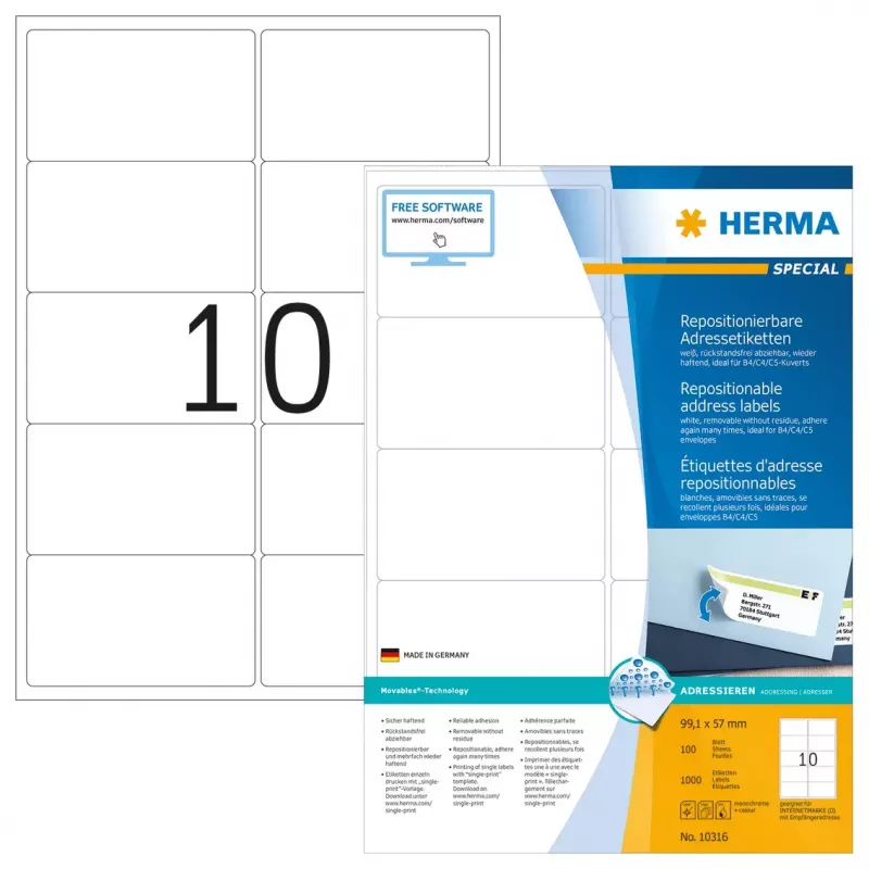 Etiquetas de dirección removibles HERMA 10316 A4 99,1x57 mm blanco