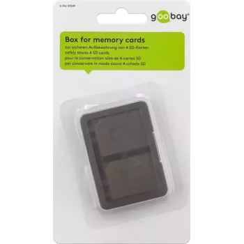 Caja de almacenamiento para tarjetas de memoria GOOBAY 95349 — capacidad para 4 tarjetas, compatible con SD/MicroSD/MMC, plástico gris transparente