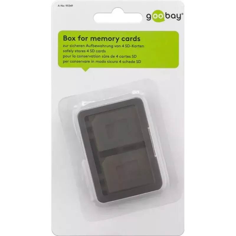 Caja de almacenamiento para tarjetas de memoria GOOBAY 95349 — capacidad para 4 tarjetas, compatible con SD/MicroSD/MMC, plástico gris transparente