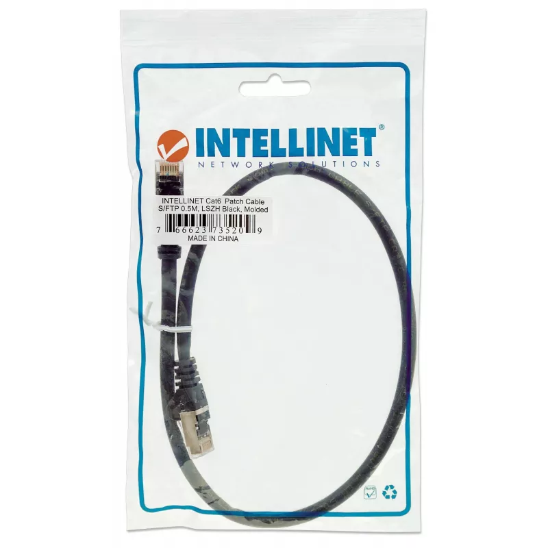 Cable de red Intellinet, Cat6, 0,5 m, Negro, Cobre, S/FTP, LSOH/LSZH, PVC, RJ45, contactos dorados, sin lengüeta, con protección de funda, garantía de por vida