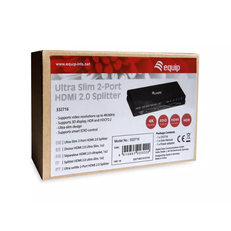 Equip Ultra delgado divisor HDMI 2.0 de 2 puertos
