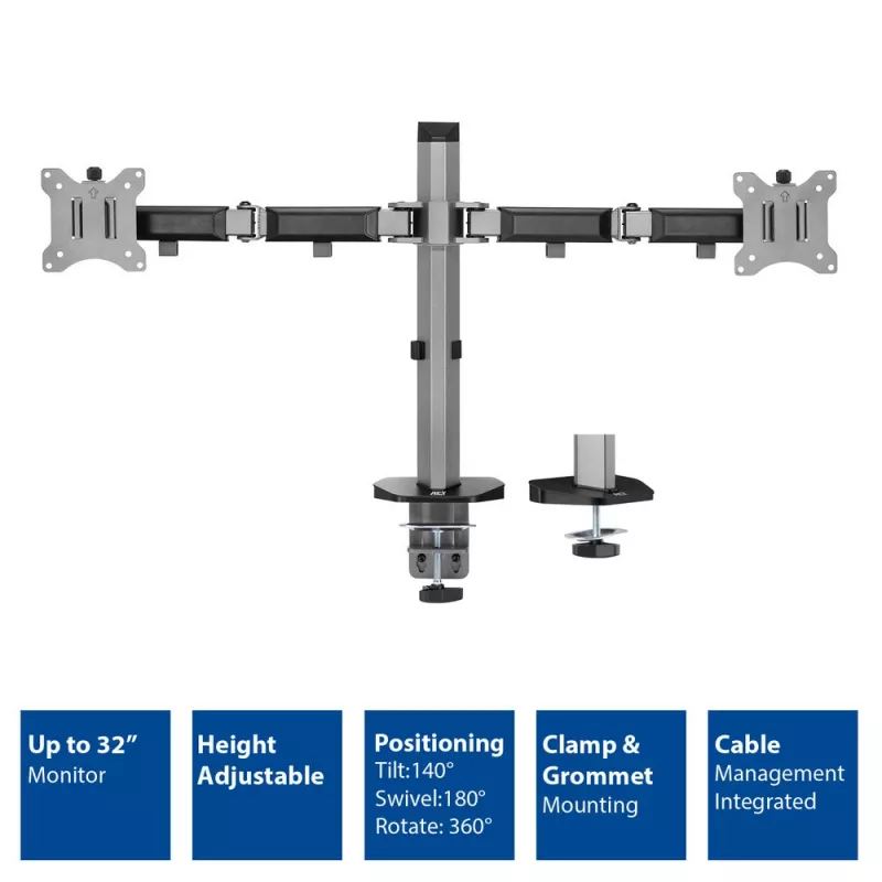 ACT brazo doble para monitor de oficina plata pinza/pasacables de mesa 18 kg 17-32