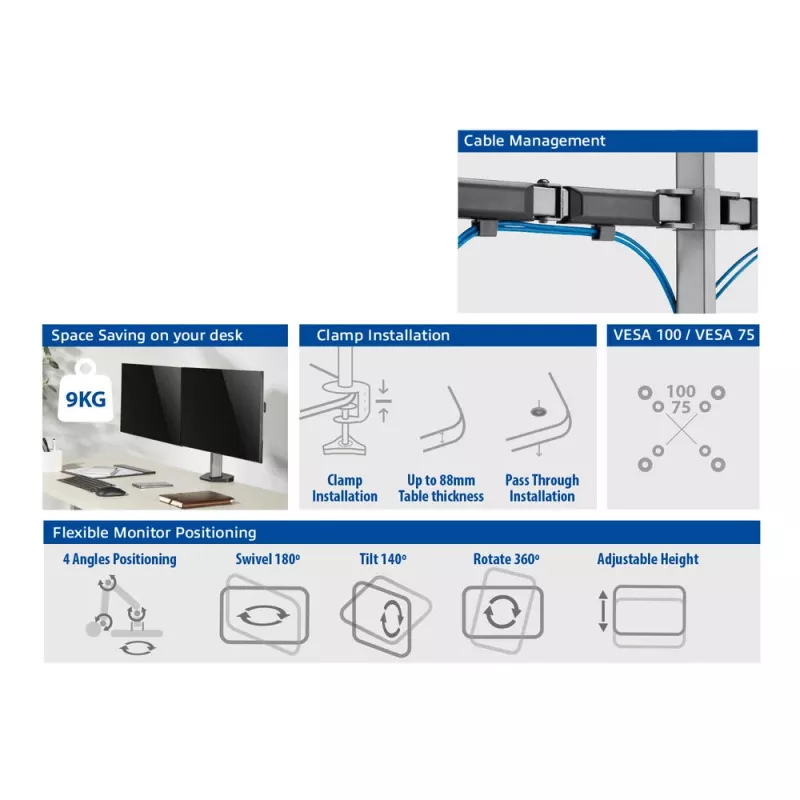 ACT brazo doble para monitor de oficina plata pinza/pasacables de mesa 18 kg 17-32