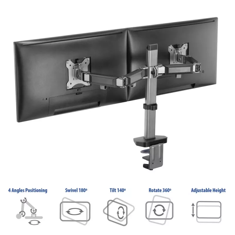 ACT brazo doble para monitor de oficina plata pinza/pasacables de mesa 18 kg 17-32
