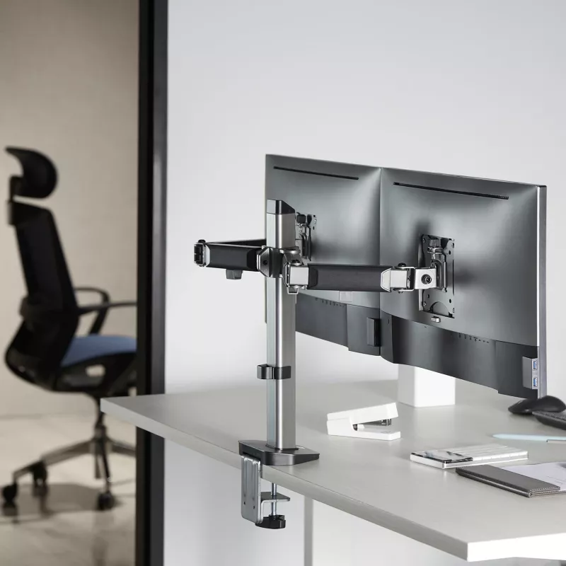 ACT brazo doble para monitor de oficina plata pinza/pasacables de mesa 18 kg 17-32