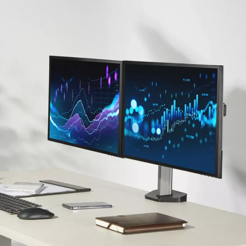 ACT brazo doble para monitor de oficina plata pinza/pasacables de mesa 18 kg 17-32