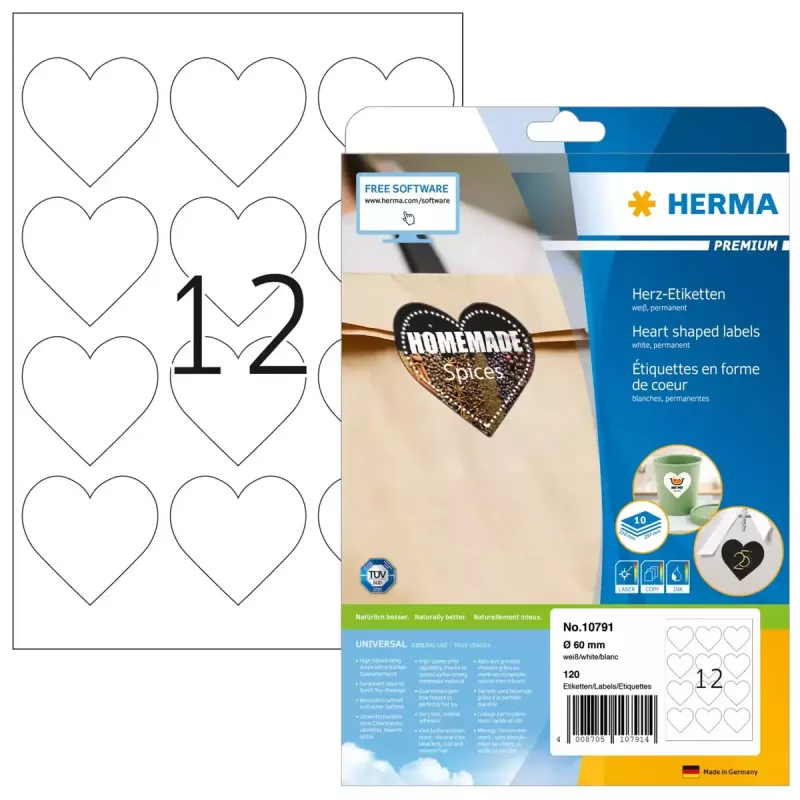 Etiquetas autoadhesivas HERMA 10791 corazón permanente blanco 120 uds.