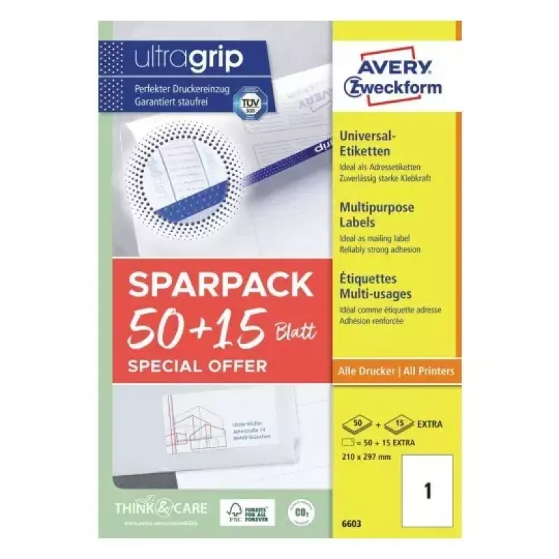 Etiqueta autoadhesiva para impresora AVERY 6603 Blanco A4 21x29,7 cm 65 etiquetas