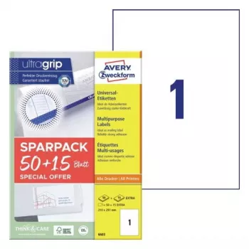 Etiqueta autoadhesiva para impresora AVERY 6603 Blanco A4 21x29,7 cm 65 etiquetas