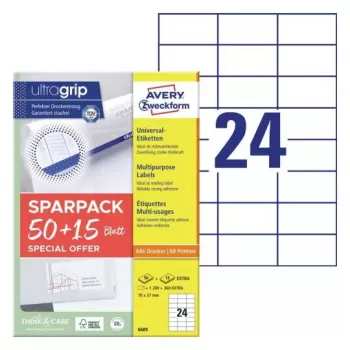 Etiqueta autoadhesiva para impresora AVERY 6605 Blanco 7x3,7 cm 1560 etiquetas
