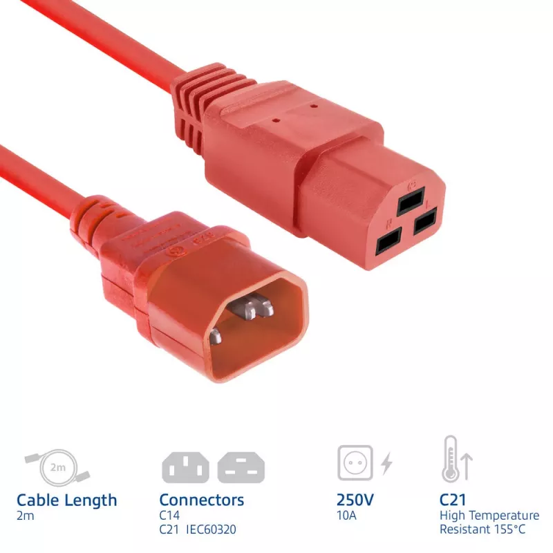 Cable de alimentación ACT C14 a C21 IEC60320, rojo, 2 m, 250 V 10 A