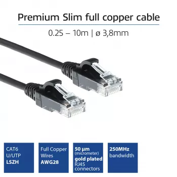 ACT negro 1,5 metros cable de red LSZH U/UTP CAT6 Slimline para centro de datos sin lengüeta con conectores macho RJ45