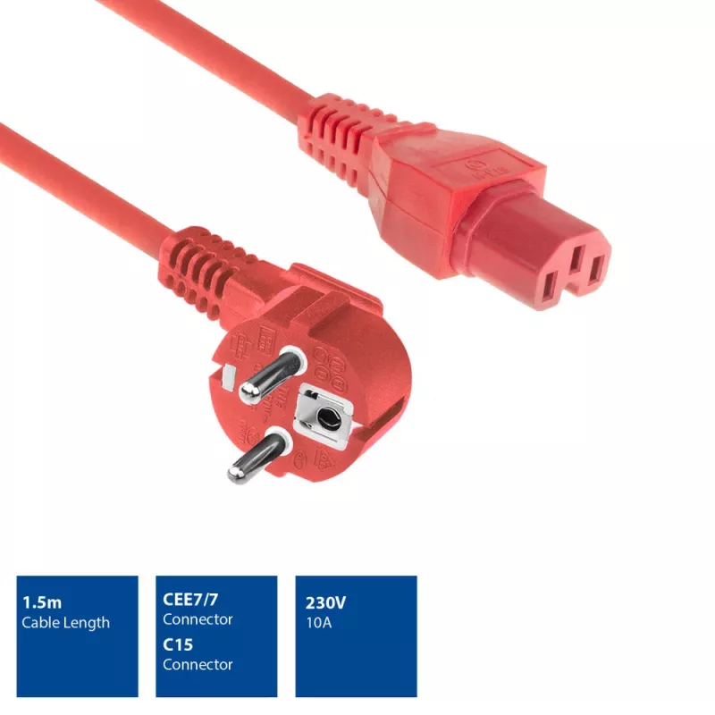 ACT Cable de alimentación conector principal CEE 7/7 (acodado) – C15 rojo 1,5 m