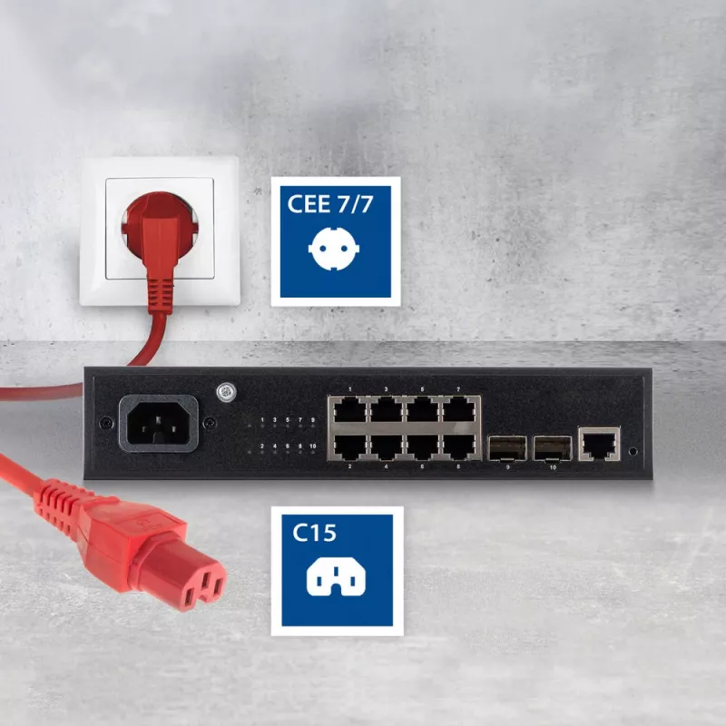 ACT Cable de alimentación conector principal CEE 7/7 (acodado) – C15 rojo 1,5 m