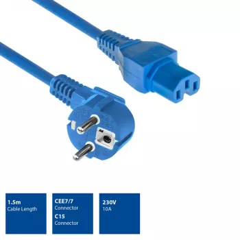 ACT Cable de alimentación conector CEE 7/7 acodado C15 azul 1,5 m 230V 10A