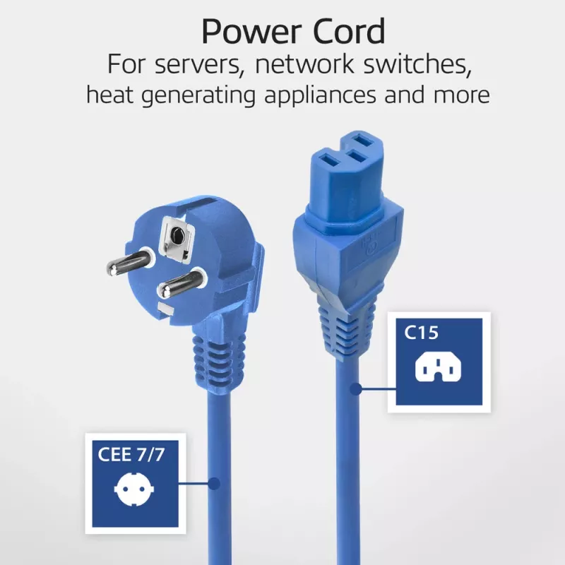 ACT Cable de alimentación conector CEE 7/7 acodado C15 azul 1,5 m 230V 10A