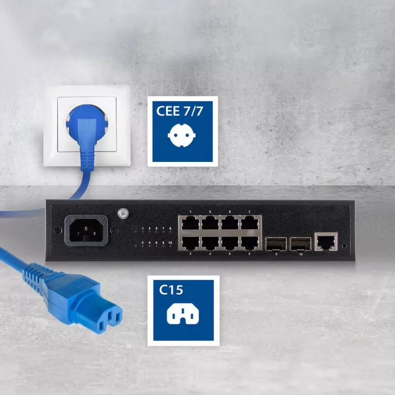 ACT Cable de alimentación conector CEE 7/7 acodado C15 azul 1,5 m 230V 10A