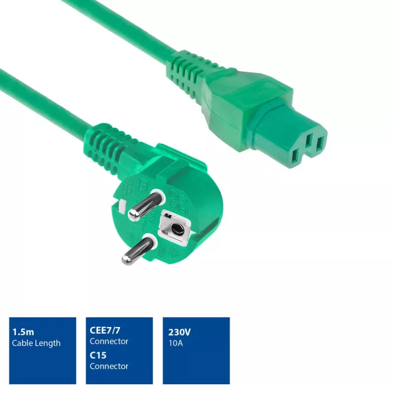 ACT Cable de alimentación CEE 7/7 conector macho (acodado) - C15 verde 1,5 m