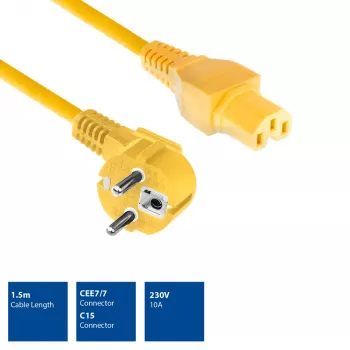 ACT Cable de alimentación conector macho CEE 7/7 (acodado) - C15 amarillo 1,5 m