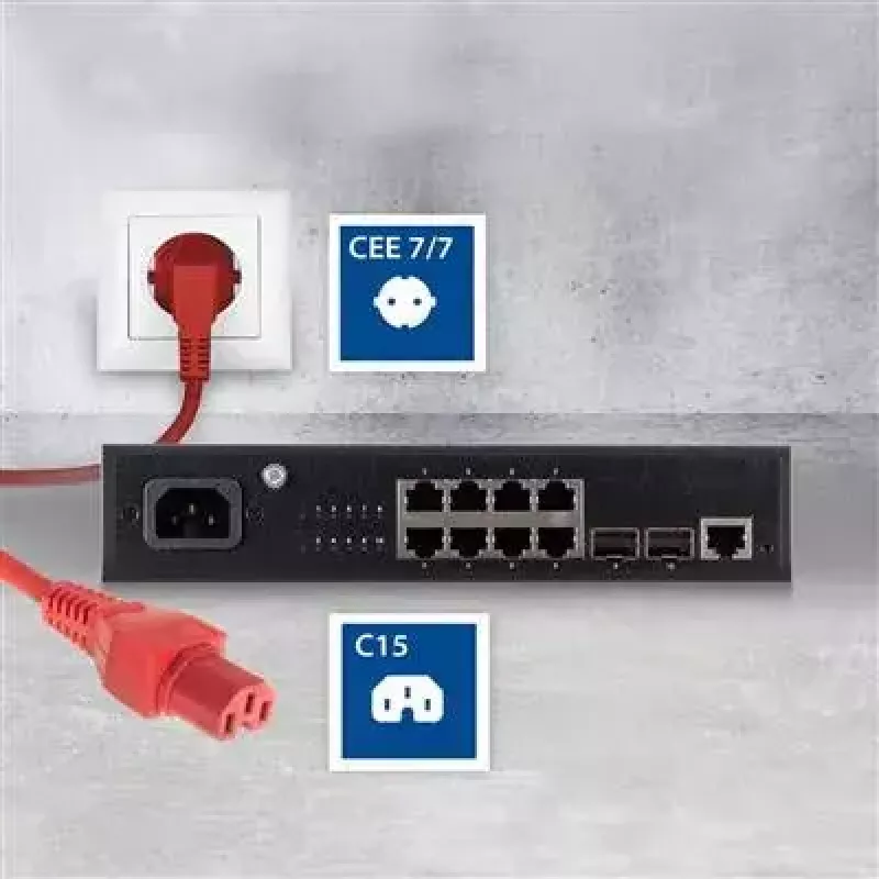 ACT Cable de alimentación conector macho Schuko CEE 7/7 acodado C15 rojo 1 m 250 V 10 A