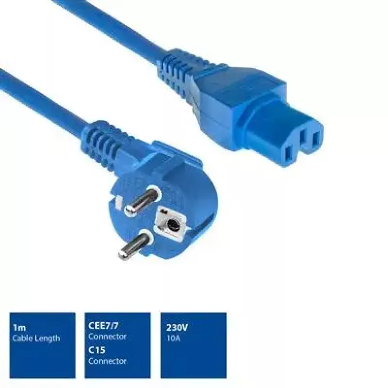 ACT Cable de alimentación conector macho CEE 7/7 (acodado) - C15 azul 1 m