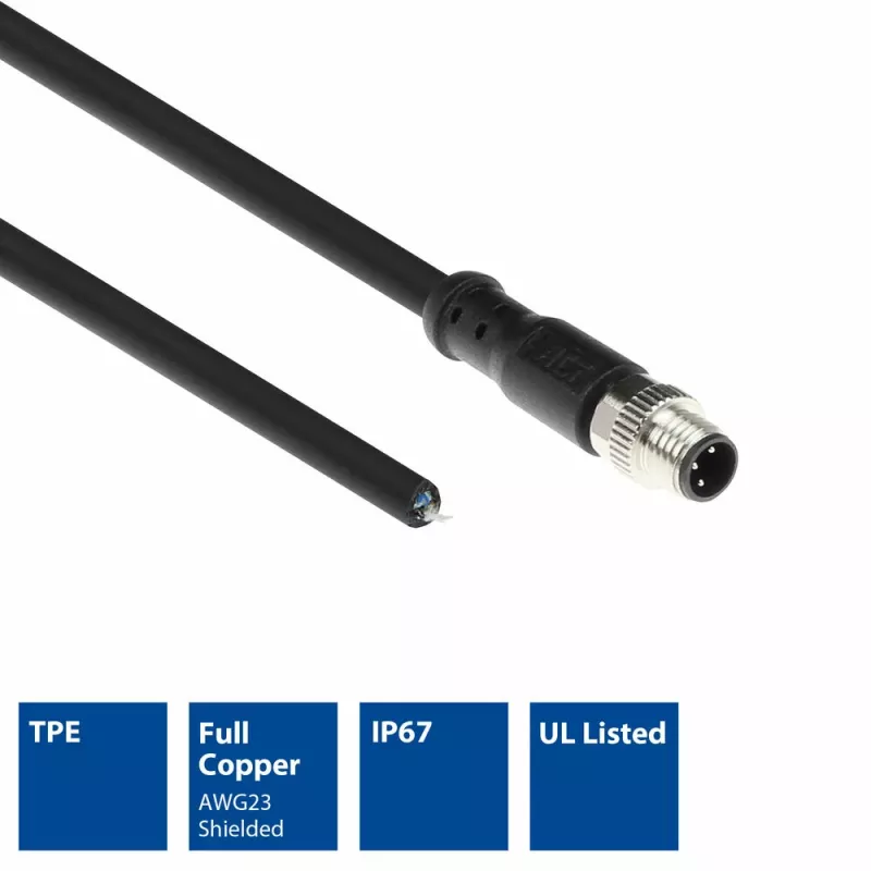 ACT Industrial cable de sensor de 5,00 metros M8A 3 polos conector macho a extremo abierto, cable TPE Ultraflex Xtreme, apantallado