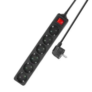 Regleta de enchufes ACT con interruptor iluminado, 6 tomas, 3 m, negra