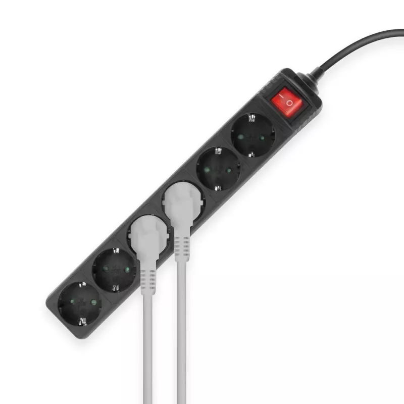 Regleta de enchufes ACT con interruptor iluminado, 6 tomas, 3 m, negra