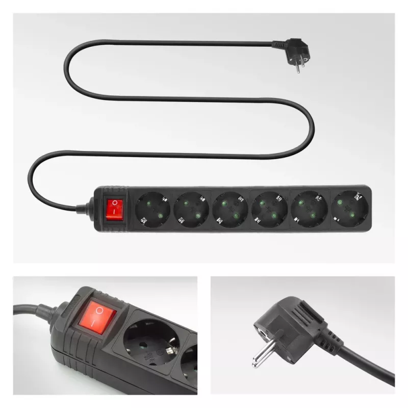Regleta de enchufes ACT con interruptor iluminado, 6 tomas, 3 m, negra
