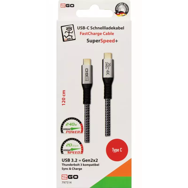 Cable USB 2GO 797514 USB 3.2 Gen 2x2 1,2 m USB-C negro plateado